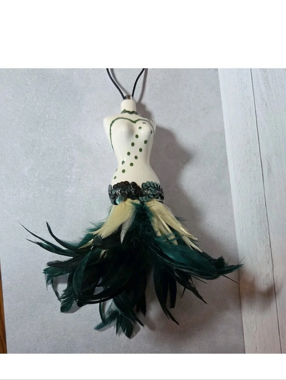 Feathered Hanging Dress Xmas Ornament Green & White Ceramic With Feather Skirt